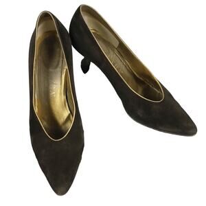 PETRA Brown Pumps Suede Gold Leather Trim Cone Heels Almond Toe Italy Size 7.5M